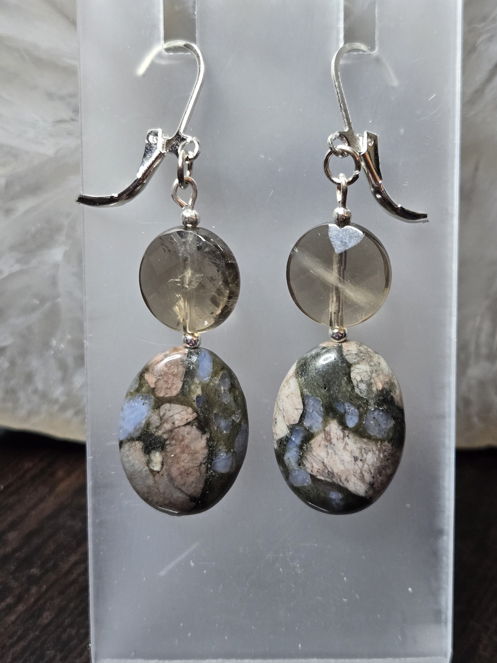 Llanite/Que Sera And Faceted Smoky Quartz Drop Earrings